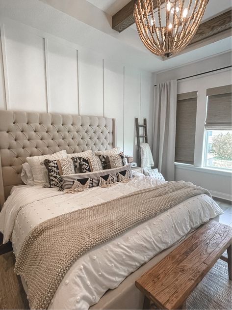 Tufted Bed Frame Bedroom, Beds With Tall Headboards, Beige King Bed Frame, Beige King Upholstered Bed, Bedding With Beige Headboard, Beige Quilt Bedding, Grey Bed Master Room, Tan Bed Frame Room Ideas, Cream Tufted Headboard Bedroom