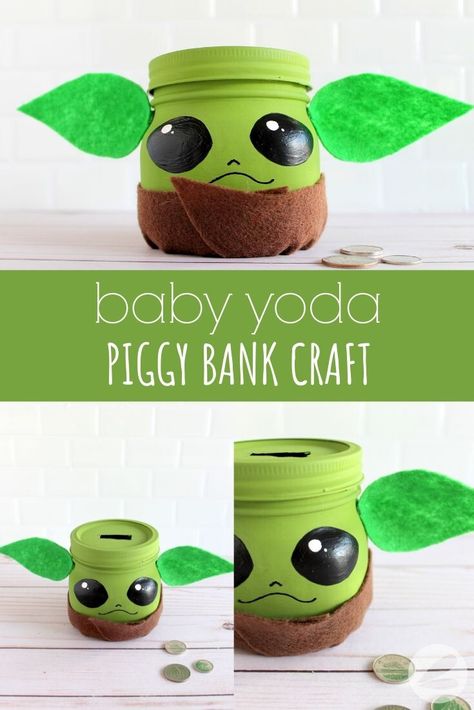 Baby Yoda Piggy Bank Craft Baby Jar Crafts, Piggy Bank Craft, Crafts Star, Yoda Party, Piggy Bank Diy, Baby Jars, Baby Food Jar Crafts, Teen Crafts, Star Wars Crafts