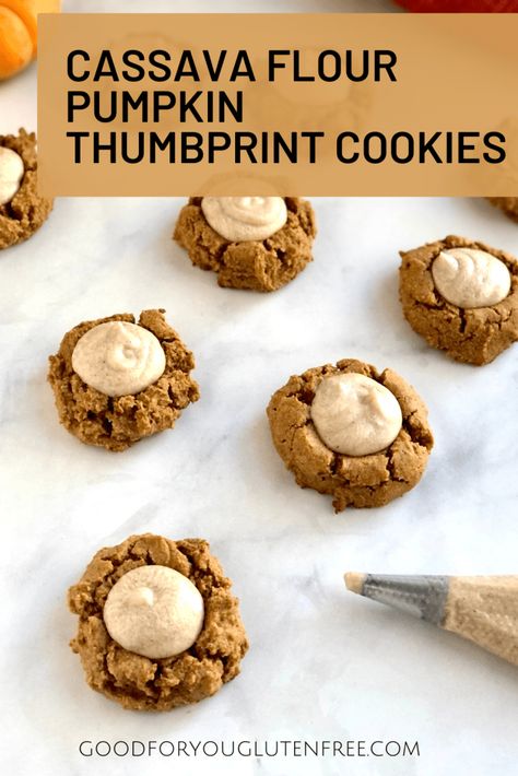 Looking for a soft-baked, delicious and festive cookie? Look no further than these tasty pumpkin thumbprint cookies made #grainfree and #glutenfree with cassava flour. Cassava Flour Cookies, Cassava Flour Recipes, Mini Pumpkin Muffins, Celiac Recipes, Gf Cookies, Autoimmune Paleo Recipes, Pumpkin Cookie Recipe, Aip Desserts, Grain Free Desserts