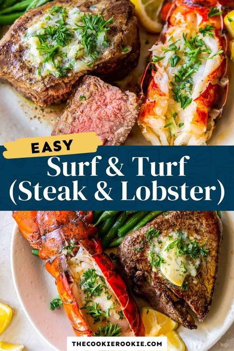 Sophisticated yet simple, Surf and Turf is the best date night dinner ever! Buttery, tender lobster pairs famously with perfectly cooked filet mignon steaks. Serve this protein-heavy meal with some fresh greens of your choice and a glass of wine for an unforgettably good dinner - you deserve it! Filet Mignon Surf And Turf, Lobster And Steak Dinner Ideas, Surf And Turf Christmas Dinner, Steak And Lobster Dinner, Surf N Turf Recipes, Lobster Menu, Ways To Cook Steak, Lobster Recipe, Steak And Lobster