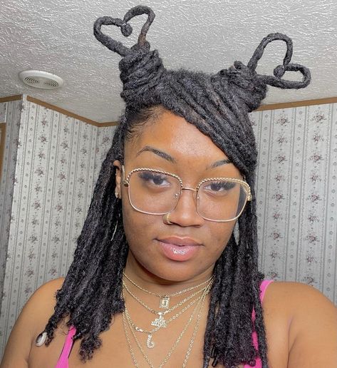 locs Heart Shaped Loc Styles, Heart Loc Style, Loc Heart Hairstyles, Unique Loc Styles Black Women, Locs With Beads Black Women, Decorated Locs, Loc Pigtails, Dreadlock Styles For Women Black Locs, Cute Loc Styles