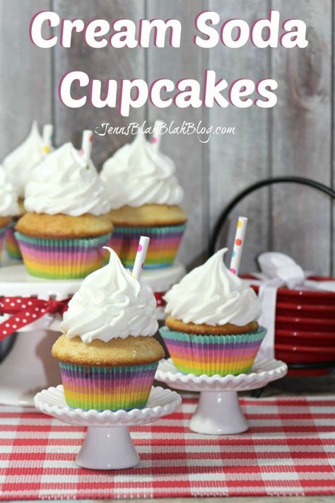 Cream Soda Cupcakes Recipe | Jenns Blah Blah Blog @jenblahblahblog Cream Soda Cupcakes, Cream Soda Cake Recipe, Summertime Cupcakes, Cream Soda Cake, Christmas Drinks For Kids, Soda Pop Cake, Soda Cake Recipe, Soda Cupcakes, Savory Cupcakes