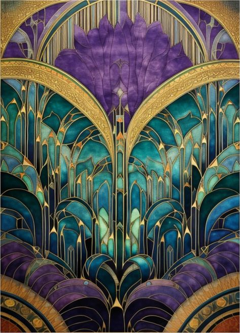 Art Deco Colour Palette, Art Deco Color Palette, Art Deco Pattern Design, Art Deco Watercolor, Purple Art Deco, Murmuration Art, Wall Of Light, Peacock Room, Mandala Ideas