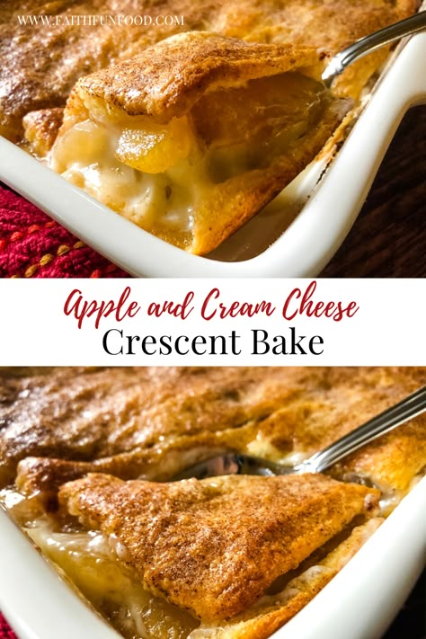 Apple and Cream Cheese Crescent Bake | A quick and easy dessert with a cream cheese mixture layered with apple pie filling between crescent rolls and baked with butter, cinnamon, and sugar on top. Apple Crescent Roll Dessert, Apple Pie Filling Desserts, Crescent Roll Apple Pie, Pie Filling Desserts, Crescent Roll Recipes Dessert, Recipes Using Crescent Rolls, Crescent Roll Dessert, Crescent Bake, Apple Cream Cheese