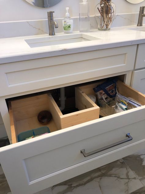 Bathroom Vanity Drawer Around Plumbing, Drawers Under Kitchen Sink, Bathroom Sink Drawers, Under Sink Drawers, Under Sink Drawer, Bathroom Cabinet With Drawers, Laundry Reno, Custom Bathrooms, Under The Sink Storage