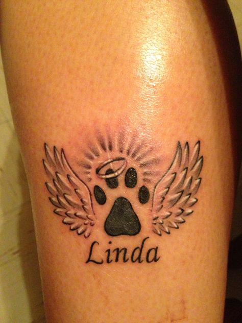 Tattoo in memory of my dog Linda Wings Ideas, Memorial Tattoo Quotes, Heart With Wings Tattoo, Pet Memorial Tattoo, Memorial Tattoo Designs, Dogs Tattoo, Rip Tattoo, Dogs Paw, Dog Memorial Tattoos