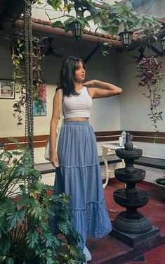 Blue Long Skirt Outfit, Philippines Trip, Blue Long Skirt, Blue Skirt Outfits, Day Out Outfit, Hat Inspiration, Stylish Knitwear, Modeling Poses, Knitwear Inspiration