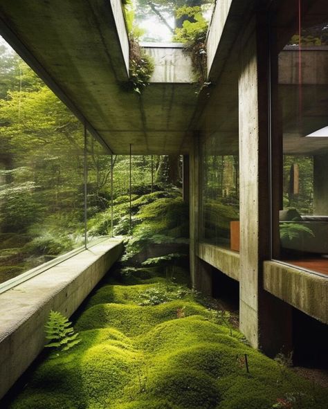 Modern Cabin Home, Eco Brutalism, Outside House Decor, Architecture Courtyard, Glass Trees, Wabi Sabi Interior, Brutalism Architecture, Cabin Home, Japan Architecture