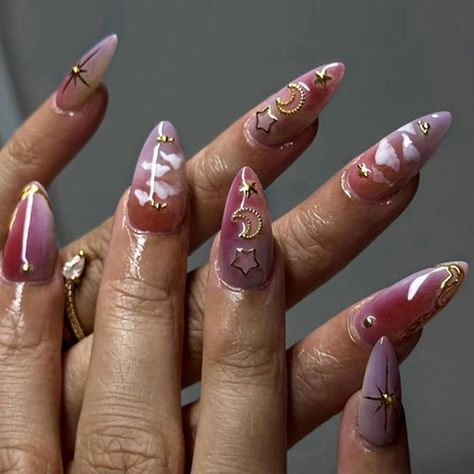 Amazon.com: Almond Press on Nails Medium Fake Nails with Golden Moon and Star Designs Acrylic Nails Glossy Cloud Pattern False Nails Halloween Glue on Artificial Nails for Women 24PCS : Beauty & Personal Care Nagel Tips, Nail Type, Gradient Nails, Nail Length, Diamond Nails, Stick On Nails, Nail Art Hacks, False Nail, Valentine's Day Nails