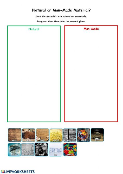 Natural or Man-Made Materials worksheet Natural And Man Made Materials Worksheet, Materials Worksheet, Grade 2 Science, Worksheets For Class 1, Science Kids, School Subjects, Science For Kids, Online Workouts, Google Classroom