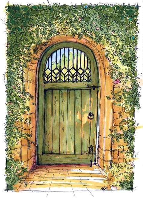 Watercolor Gate Paintings, Door Journal Ideas, Watercolor Doorways Paintings, Garden Door Drawing, Watercolor Window Painting, Watercolor Doors And Windows, Whimsical Watercolor Illustration, Watercolor Doorways, Watercolor Doors Paintings