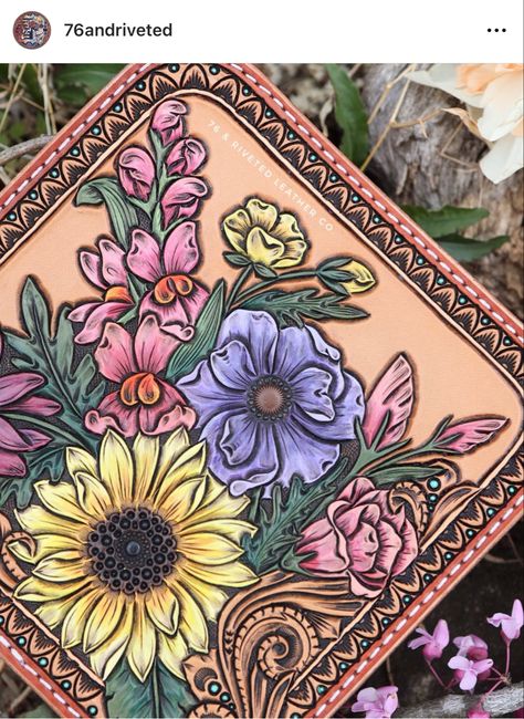 Leather Tool Tattoo, Leather Tooled Flowers, Floral Tooling Patterns, Tooled Leather Flowers, Floral Leather Tooling Patterns, Floral Leather Tooling, How To Paint Leather, Tooled Flowers, Bible Painting