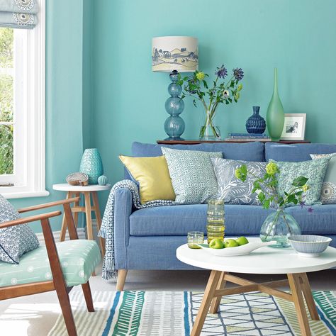 After living room decorating ideas? Be inspired by this spearmint and denim scheme with lime accents and wooden furniture Blue Living Room Color, Blue Furniture Living Room, Blue And Green Living Room, Green Living Room Decor, Teal Living Rooms, Navy Blue Living Room, Green Living Room, Blue Living Room Decor, Black Dining Room