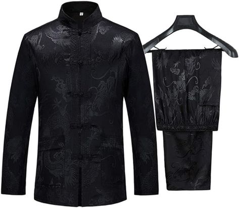 wecotton Tang Suit Men Hanfu Chinese Traditional Clothes Kung Fu Shirt Uniform Long Sleeved Coat Tops and Pants (Black, Medium) at Amazon Men’s Clothing store Tang Suit Men, Men Hanfu, Chinese Clothing Traditional, Kung Fu Uniform, Martial Arts Clothing, Chinese Style Design, Tang Suit, Elastic Waistband Pants, Suit Men