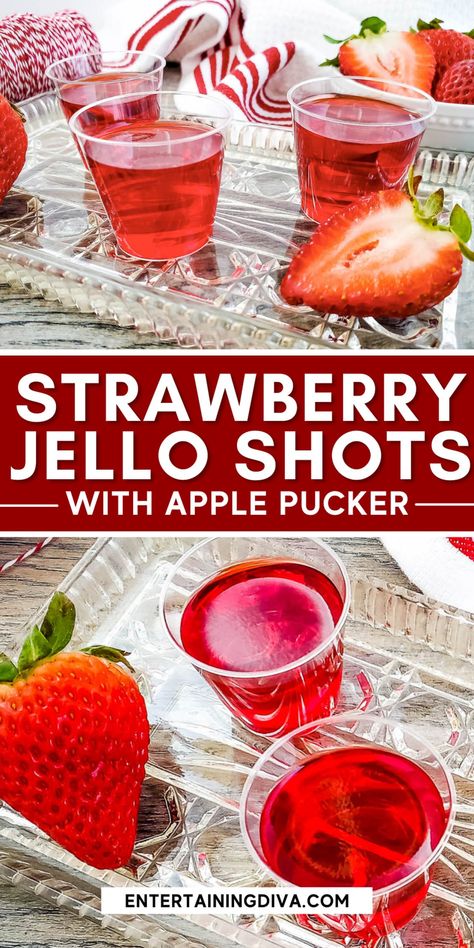 Made with sour apple pucker (or apple vodka), apple juice and strawberry jello, these apple strawberry jello shots are super easy to make (only 3 ingredients!) And they're really tasty. Perfect for a 4th of July party, summer barbeque or even a Christmas party Apple Pucker Drinks, Hot Apple Juice, Strawberry Jello Shots, Sour Apple Pucker, Best Jello Shots, Jello Shots Recipe, Christmas Jello Shots, Jello Shot Cups, Apple Pucker