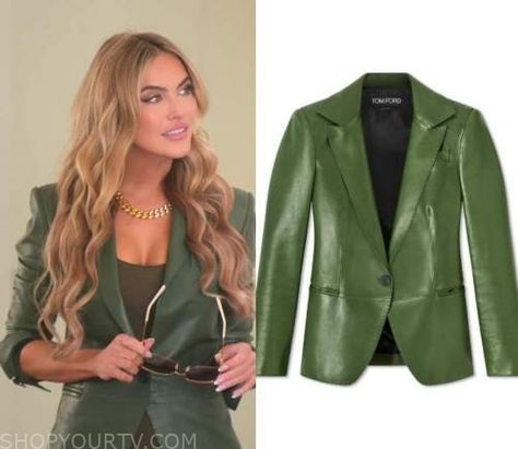 Selling Sunset Chrishell, Green Leather Jacket Outfit, Sunset Season, Chrishell Stause, Green Leather Jacket, Zoeys Extraordinary Playlist, Tom Ford Leather, Selling Sunset, Worn On Tv