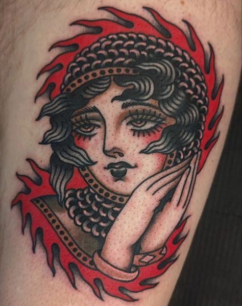 Joan Of Arc American Traditional Tattoo, Joan Of Art Tattoo Traditional, Joan Of Arc Traditional Tattoo, Lady Knight Tattoo, Medieval Traditional Tattoo, Lady Head Tattoo Traditional, Female Knight Tattoo, Chainmail Tattoo, American Traditional Lady Head