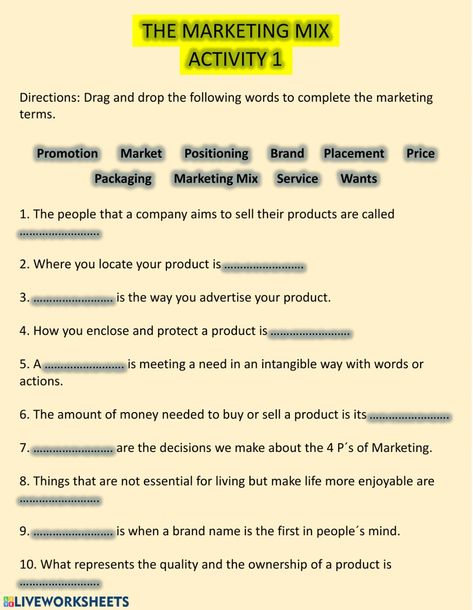 Marketing definitions online worksheet for Grade 7-9. You can do the exercises online or download the worksheet as pdf. What Is Marketing Definition, Marketing Definition, 1 Worksheet, What Is Marketing, Business Studies, Promotional Products Marketing, Grade 7, Development Activities, Consumer Behaviour