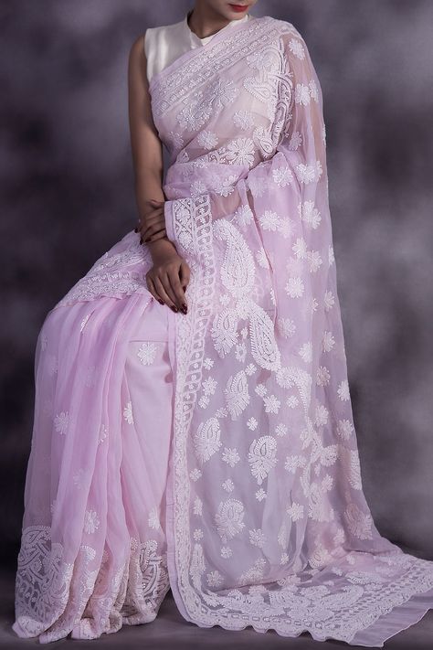 Exclusive Hand Embroidered Pink Colour Lucknowi Chikankari Saree (With Blouse - Georgette) GA250593 Lucknowi Saree, Lucknowi Chikankari Saree, Blouse Styling, Bengali Saree, Chikankari Saree, Embroidery Sarees, Designer Sarees Wedding, Saree Traditional, Pure Georgette Sarees