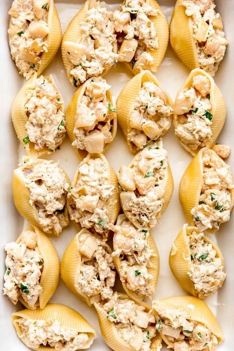 Stuff Pasta Shells, Seafood Stuffed Shells Recipe, Seafood Pasta Bake, Seafood Stuffed Shells, Crab Pasta, Seafood Bake, Date Night At Home, Shrimp Scallops, Lump Crab