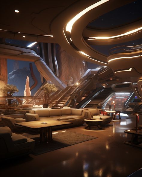 Sci Fi Building Interior, Sci Fi Penthouse, Luxury Spaceship Interior, Futuristic Aesthetic Room, Futuristic Mansion Interior, Sci Fi Space Station Interior, Spaceship Concept Interior, Sci Fi Living Room, Spaceship Interior Design