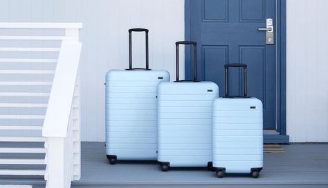 Away luggage just released this dreamy shade of blue. Everyday Functional Blue Luggage, Light Blue Suitcase, Blue Luggage Sets, Blue Luggage For On-the-go, Travel Light Packing, Versatile Blue Luggage For On-the-go, Blue Luggage, Blue Suitcase, Travel Luggage Set