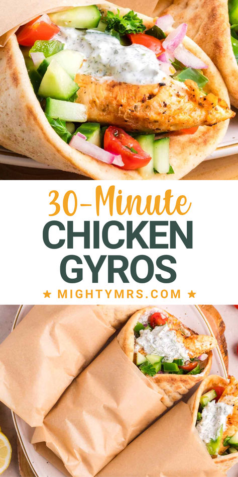 This 30-minute chicken gyros with Tzatziki sauce are so simple to make. Greek pitas are stuffed with marinated and pan-fried or grilled chicken tenderloins, cucumber relish and homemade tzatziki sauce. These chicken gyros are made fresh in just 30 minutes with a few time-saving tricks. Easy Chicken Gyros With Tzatziki Sauce, Gluten Free Meal Prep Ideas, Grilled Chicken Tenderloins, Chicken Gyros With Tzatziki Sauce, Grilled Chicken Gyros, Greek Pitas, Easy Chicken Gyros, Family Vacation Meals, Chicken Pita Pockets