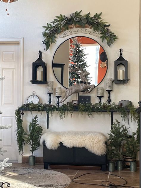 Christmas Round Mirror Decor, Christmas Mirrors, Oval Mirror Decor, Fall Entryway Decor, Christmas Mirror, Round Mirror Decor, Christmas Delights, Xmas Table, Mirror Dining Room