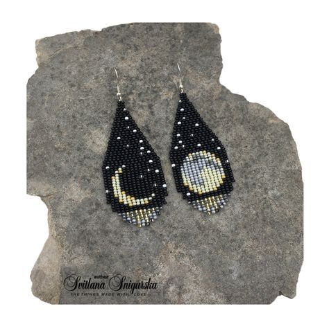 Moon phase earrings Crescent earrings Moon earrings Mismatched earrings Starburst earrings Space earrings Celestial earrings Black earrings Gold earrings Statement earrings Dangle earrings Half moon earrings These earrings are made of selected Czech beads. I am the author of the design and pattern for these earrings. Copying photographs and making earrings from them without my permission is prohibited. Colors: Black+Gray+Gold Length with ear hook - 3.8 (9.8 cm) Shipping worldwide Gift package - FREE! Thanks for view! Please note that due to lighting effects, monitor's brightness, contrast and other settings, there might be some slight differences in the color tone/shade of the web site's photo and the actual item. Thank you for shopping at HandMadeBySnigurska. If you have any questions, pl Earrings Starburst, Earrings Space, Space Earrings, Moon Phase Jewelry, Bead Loom Designs, Half Moon Earrings, Earrings Moon, Celestial Earrings, Crescent Earrings