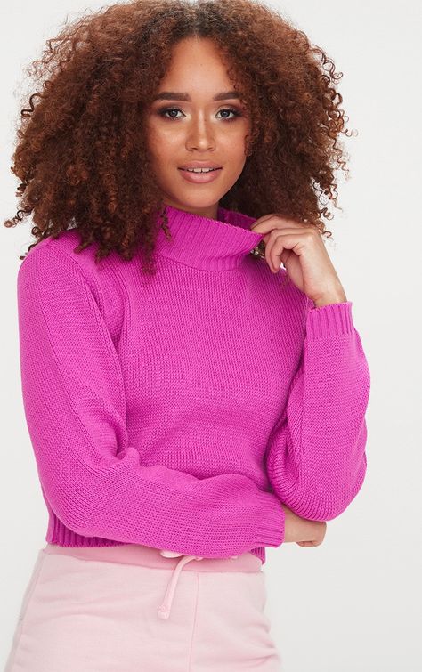 Fuchsia High Neck Soft Knit Cropped JumperIn a bright fuchsia hue, featuring a high neckline and ... Hot Sweater, Distressed Sweaters, Marled Sweater, Cropped Pullover, Cable Knit Jumper, Trendy Street Style, Argyle Sweater, Sweater Sale, Color Block Sweater