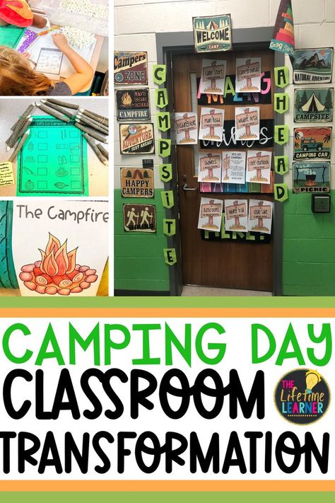 Camping Dress Up Day At School, Last Day Of School Camping Theme, Camping Transformation Classroom, Camping Theme Class Party, First Day Of Camp Activities, School Camping Day, Camping In Classroom, Camp Out Day At School, Smores Classroom Theme