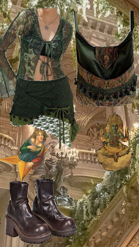 Green Witch Aesthetic Outfit, Earthy Witch Aesthetic, Green Witch Aesthetic Fashion, Fem Grunge, Green Witch Outfit, Whimsigoth Fits, Green Whimsigoth, Whimsigothic Outfits, Alt Cottagecore