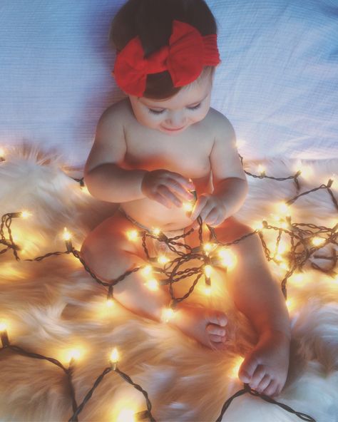 Christmas Lights Photoshoot, 2nd Birthday Photos, Baby Christmas Photos, First Christmas Photos, Hanging Christmas Lights, Christmas Shoot, Red Headband, Monthly Photos, Xmas Lights