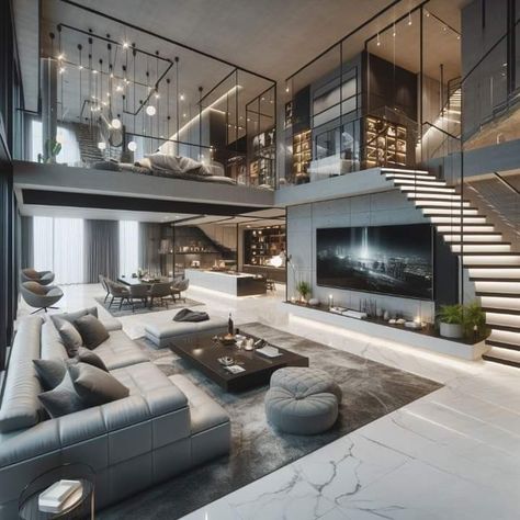 Modern Luxury Villa Interior Design, Catwalk In House, Small Penthouse Apartment, Luxurious Apartment Interior, Penthouse Modern, Dream House Pictures, Modern Mansion Interior, Luxury Dorm Room, Luxury Penthouse Apartment