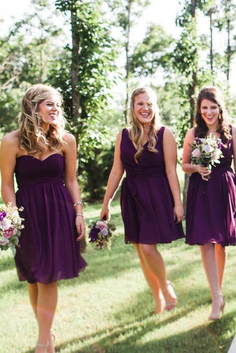 Short Bridesmaids Dresses For Any Wedding ★ #bridalgown #weddingdress Purple Wedding Dress Bridesmaid, Eggplant Purple Wedding, Bridesmaid Dresses Neckline, Bridesmaids Purple, Purple Wedding Reception, Wedding Kids Outfit, Purple Wedding Inspiration, Purple Bridesmaid, Wedding Purple