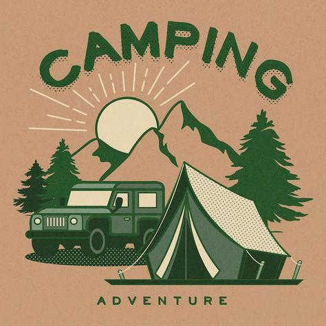 Camping Illustration Graphics, Camping Graphic Design, Summer Camp Design, Camp Signage, Vintage Camping Photos, Tent Drawing, Camping Poster, Camping Illustration, Camping Graphic