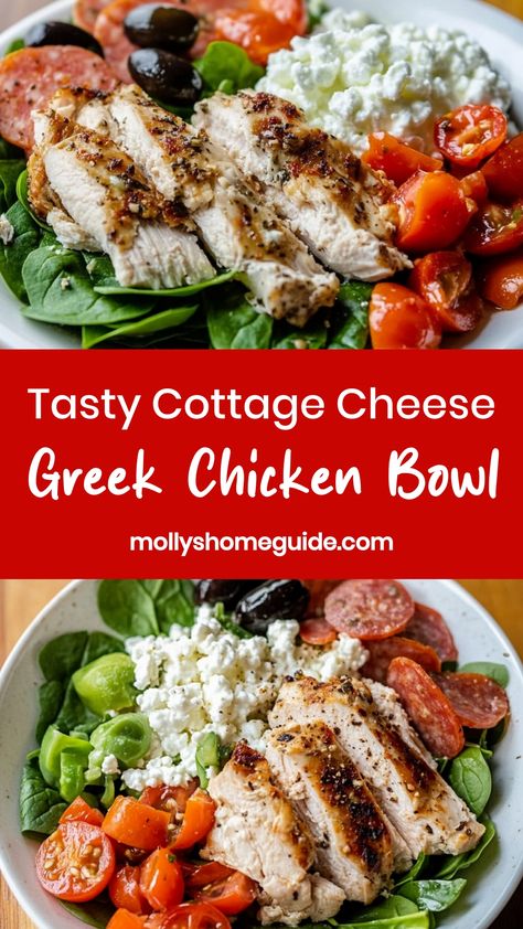 Cottage Cheese Greek Chicken Bowl, Greek Chicken Cottage Cheese Bowl, Cottage Cheese Greek Bowl, Meal To Take To Someone, Protein Cottage Cheese Bowls, Chicken And Cottage Cheese Recipes, Cottage Cheese Protein Bowls, Meals With Cottage Cheese, Protein Packed Lunches