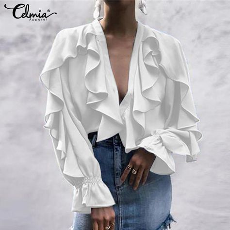 Celmia Ruffled Blouse Women Summer Stylish Tops Sexy V neck Long Sleeve Plus Size Shirt Female Casual Buttons Sweet Blusas S-5XL Women Loose Shirt, Ruffled Tops, Women Ruffle Blouse, Stile Boho Chic, Ruffle Long Sleeve Blouse, Women White Blouse, Blouse Material, Elegant Shirt, Yellow Fashion