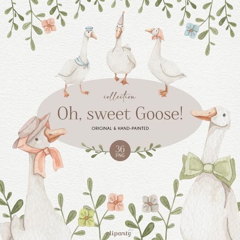 ❤ HANDPAINTED ❤ HANDMADE ❤ Created with HUMAN HANDS ❤ This is the cutest handpainted Geese clipart set!  In a cottagecore style, our Oh, sweet Goose! watercolor collection features meticulously painted geese and flowers, ideal for baby shower invitations, birthday invites, nursery printables, wall art, birthday celebrations, decor for baby rooms, scrapbooks, and more.  ♡ Enjoy and have fun! ♡  DETAILS  As the illustrations are too large for Etsy to accommodate them, you will get a .PDF file with Goose Baby Shower Ideas, Watercolor Geese, Goose Watercolor, Goose Clipart, Cottagecore Watercolor, Goose Illustration, Baby Door Signs, Cottagecore Png, Whimsical Baby Shower