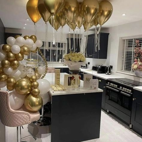 Prop my Party on Instagram: "50th Wedding Anniversay, simply beautiful 😍 #penrith #penrithballoons #cumbriaballoons #50thweddinganniversary #gold #balloons #balloonhug #propmypartyuk #propymyparty" Engagement Drinks, Floating Balloons, Stay Golden, 50th Wedding Anniversary, Gold Balloons, Decoration Idea, 50th Wedding, Cumbria, White Houses