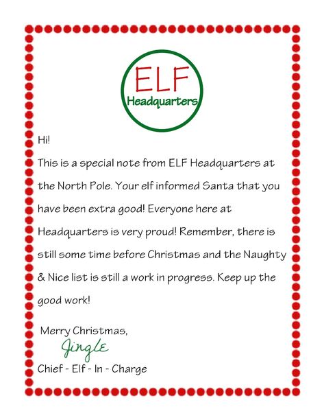 Letter From Elf on the Shelf | Scribd Elf On The Shelf Letter, Santa Template, Santa Letter Template, Elf Letters, Elf Antics, Elf Fun, Good Behavior, Buddy The Elf, Printable Letters