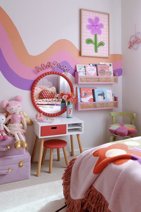 B&A: A Kid’s Basic Peachy Bedroom Gets an Incredible “Sunshine and Rainbows" Makeover Art Theme Bedroom, Rainbow Toddler Room, Peachy Bedroom, Retro Girls Room, Fun Girls Room, Colorful Room Aesthetic, Colorful Girls Room, Purple Kids Bedroom, Cozy Kids Room