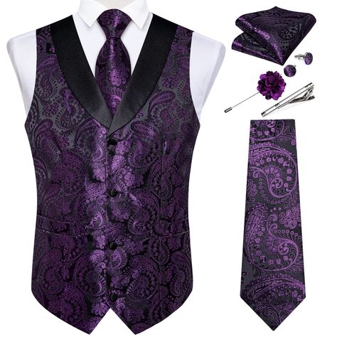 PRICES MAY VARY. 【Mens Suit Vest Set】Purple Paisley Waistcoat+Necktie+Pocket Square+Cufflinks+Lapel Pin+Tie Clip+.Same design,perfect match.Not only for personal use, but also excellent gifts to your loved ones on holidays as Christmas, Valentine's Day, Thanksgiving Day,Father's Day, New Yea,Anniversary,birthday ect 【Stylish Design】Mens dark purple paisley vest is feature with Sleeveless,Shawl Collar,Single Breasted,Adjustable Waist Strap,Two Real Pockets,4 buttons.Classy paisley embroidered pat Enchanted Forest Theme Outfit Men, Jacquard Waistcoat, Paisley Suit, Formal Shawl, Waistcoat Men, Silk Vest, 2piece Outfits, Mens Suit Vest, Dress Vest