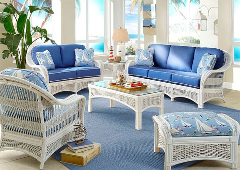 White Fiji Natural Rattan Wicker Furniture Sets Coastal Loveseat, Wicker Living Room Furniture, Indoor Rattan Furniture, Indoor Wicker Furniture, White Wicker Furniture, Blue And White Living Room, Sunroom Furniture, Rattan Furniture Set, Coastal Living Rooms