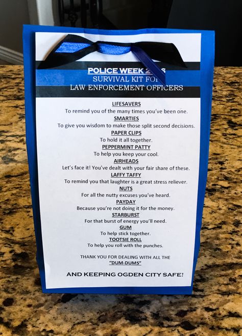 Police officer survival kit Police week 2016 Police Wreaths, Police Appreciation Week, Police Week Ideas, Police Appreciation Gifts, Police Officer Appreciation, Law Enforcement Appreciation, Police Appreciation, Community Service Ideas, Law Enforcement Gifts