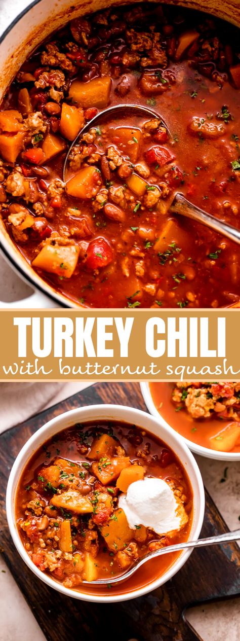 Turkey Butternut Squash Chili Crockpot, Butternut Squash Turkey Chili Recipes, Butternut Chili Recipe, Ground Turkey Butternut Squash Chili, Butternut Squash Chicken Chili, Turkey Chili With Butternut Squash, Butternut Squash Turkey Chili, Ground Turkey And Butternut Squash, Turkey Butternut Squash Chili