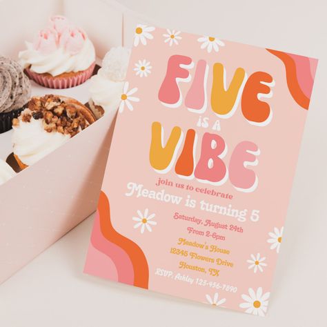 Five is a Vibe Birthday Invitation Groovy #Invitation #card #template #design #pinterestquotes #pinterestideas #pinterestmom #pinterestwedding #aesthetic #love #art #pinterestsuccess Five Is A Vibe, Fifth Birthday, Invitations Ideas, Retro Birthday, Invitation Card Template, Aesthetic Love, Birthday Invitations Girl, Second Birthday, Free Birthday Invitation Templates