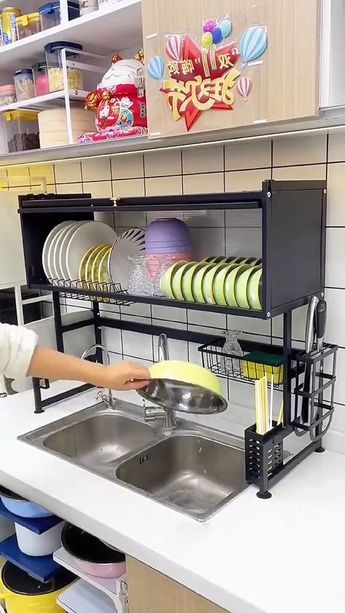 "Elevate your kitchen organization with the BOOSINY Over Sink Dish Drainer! 🍽️ This adjustable 3-tier drying rack is designed for convenience, offering ample space for drying dishes, utensils, and more. Crafted from full 304 stainless steel, it's not just functional but also durable. Keep your kitchen tidy and stylish with this space-saving solution. 🌟 #KitchenStorage #DishDrainer #Organization" Kitchen Sink Rack, Kitchen Storage Space, Pallet Furniture Living Room, Kitchen Interior Design Decor, Diy Furniture Hacks, Tidy Kitchen, Dish Rack, Rack Design, Kitchen Room Design