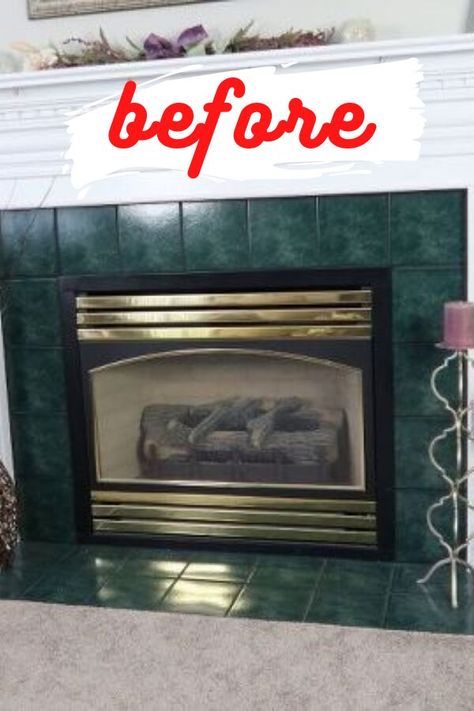 Update Fireplace Tile Farmhouse, Old Fireplace Makeover Tile, Builders Fireplace Makeover, Painting Fireplace Ideas, Fireplace Updates Ideas, Paint Fireplace Floor Tile, How To Frame A Fireplace, How To Paint Tile On Fireplace, Fireplace Makeover On A Budget