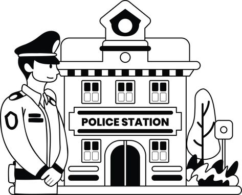 police and police station illustration in doodle style Police Station Drawing, Police Station Cartoon, Station Drawing, Line Images, Doodle Style, Pinterest Images, Design Animation, Drawing Cartoon, Clipart Black And White